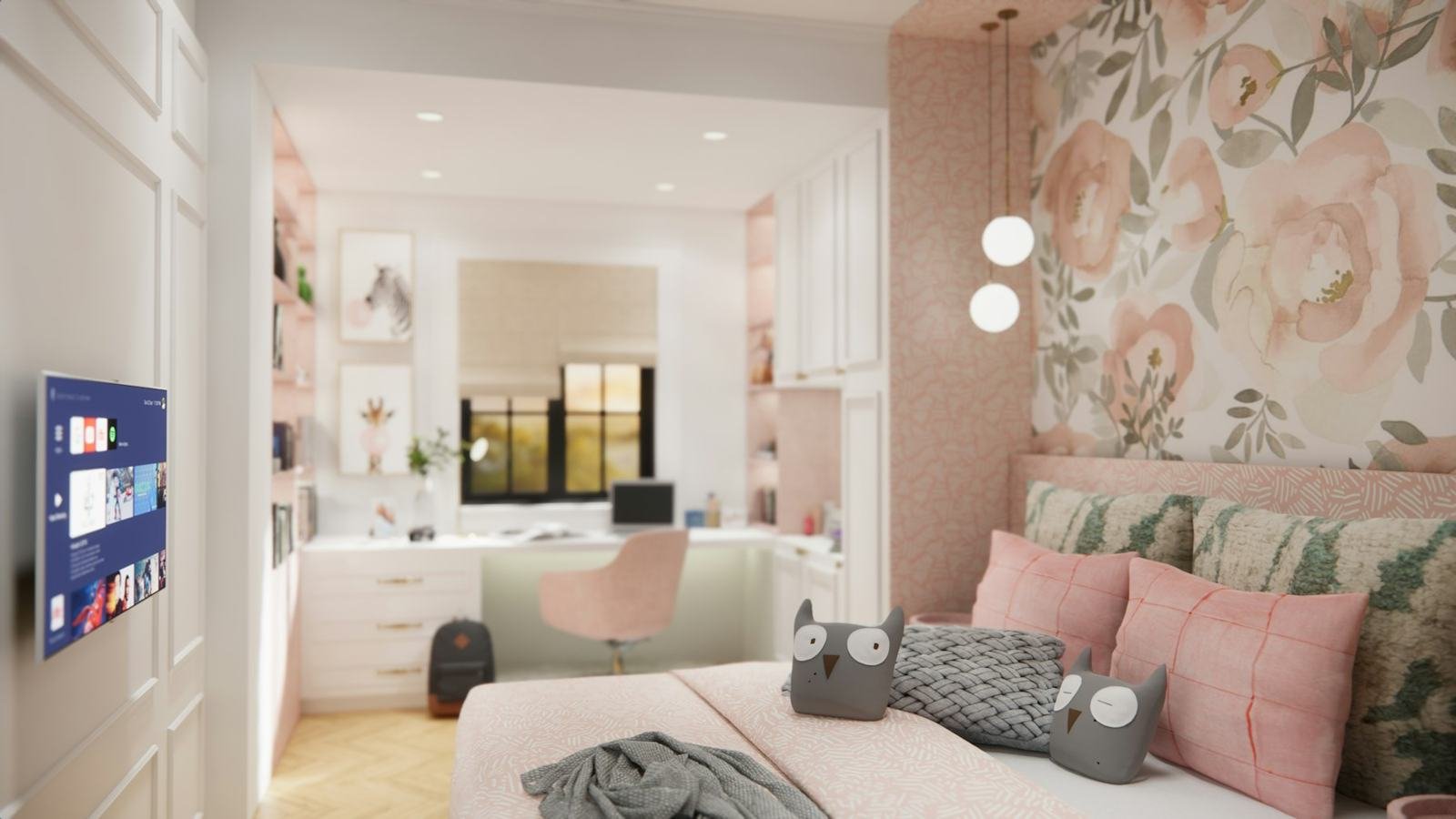A pink bedroom with a floral mural wall