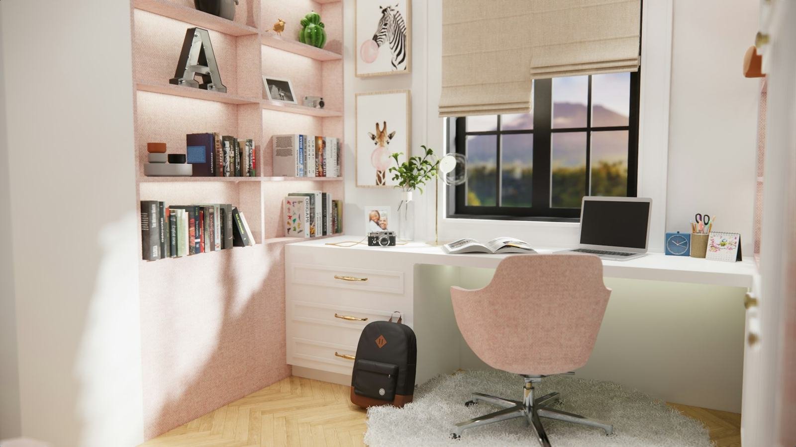 A blush-pink room with built-in shelves and a desk